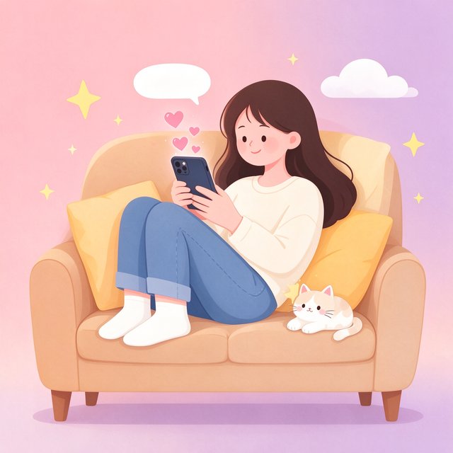 我在AI应用插画,女孩窝在沙发里与AI暖心聊天的场景